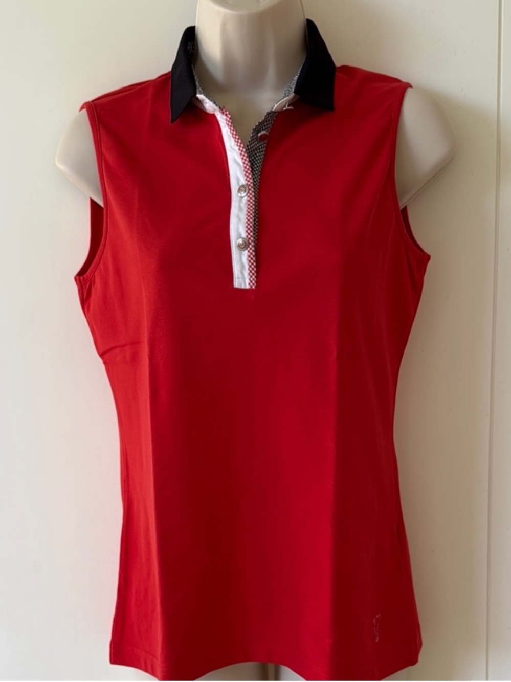 Golfino Red Cotton Blend Checked Trim Sleeveless Golf Polo Shirt - 8